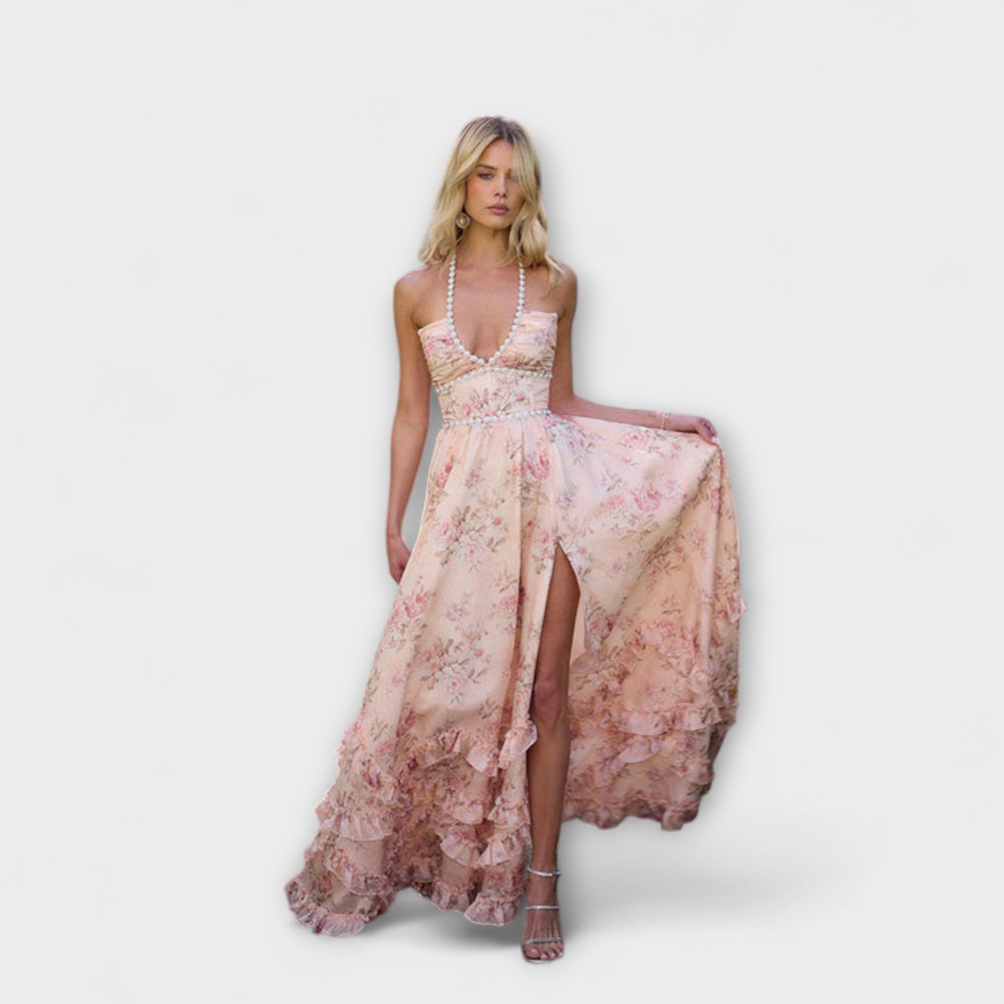 Rosa Maxi-Kleid mit Spaghettiträgern, V-Ausschnitt und weitem Rüschenrock
