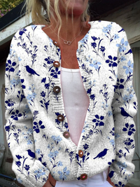 Doris | Strickjacke mit Vogel- und Blumenmotiv