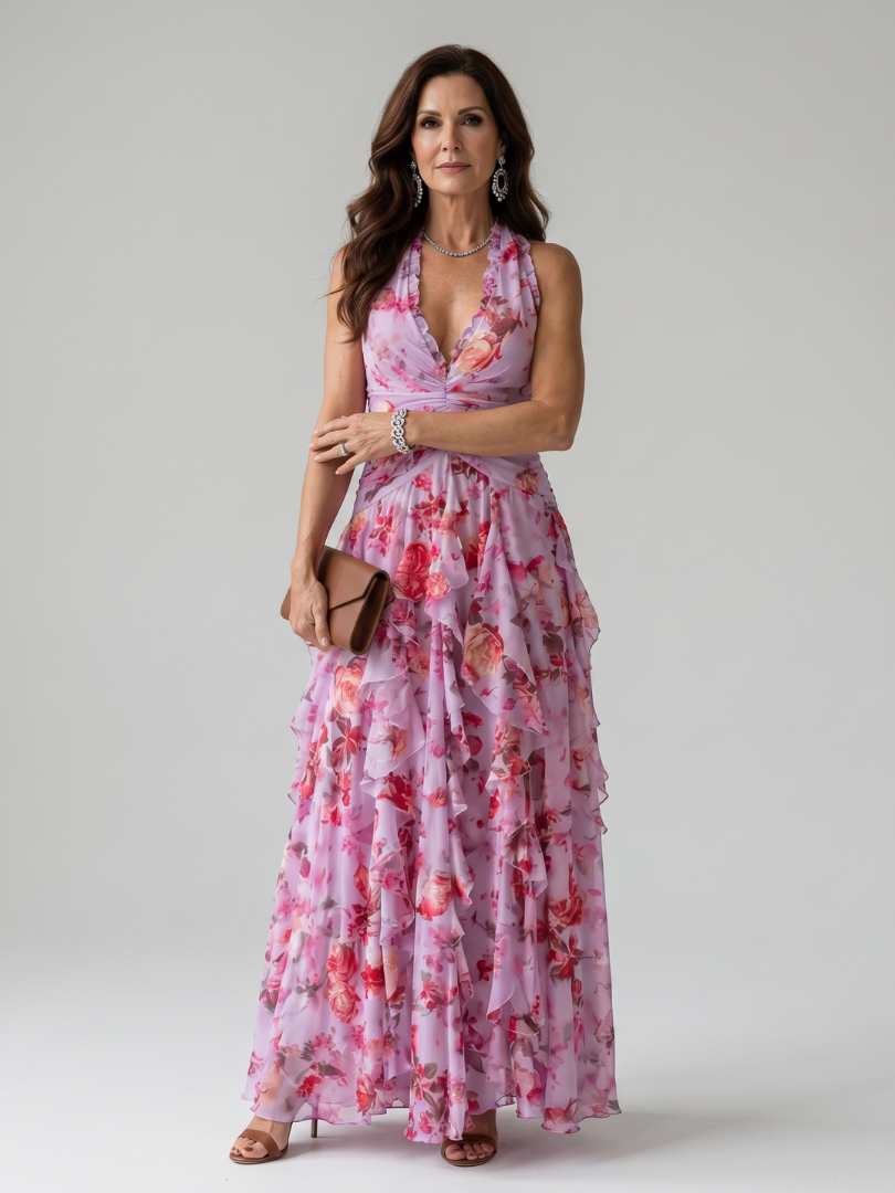 Halterneck-Rüschentop Maxikleid, pinkes Floral, ärmellos, geraffter Volant-Rock