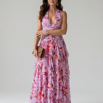 Halterneck-Rüschentop Maxikleid, pinkes Floral, ärmellos, geraffter Volant-Rock