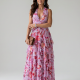 Halterneck-Rüschentop Maxikleid, pinkes Floral, ärmellos, geraffter Volant-Rock