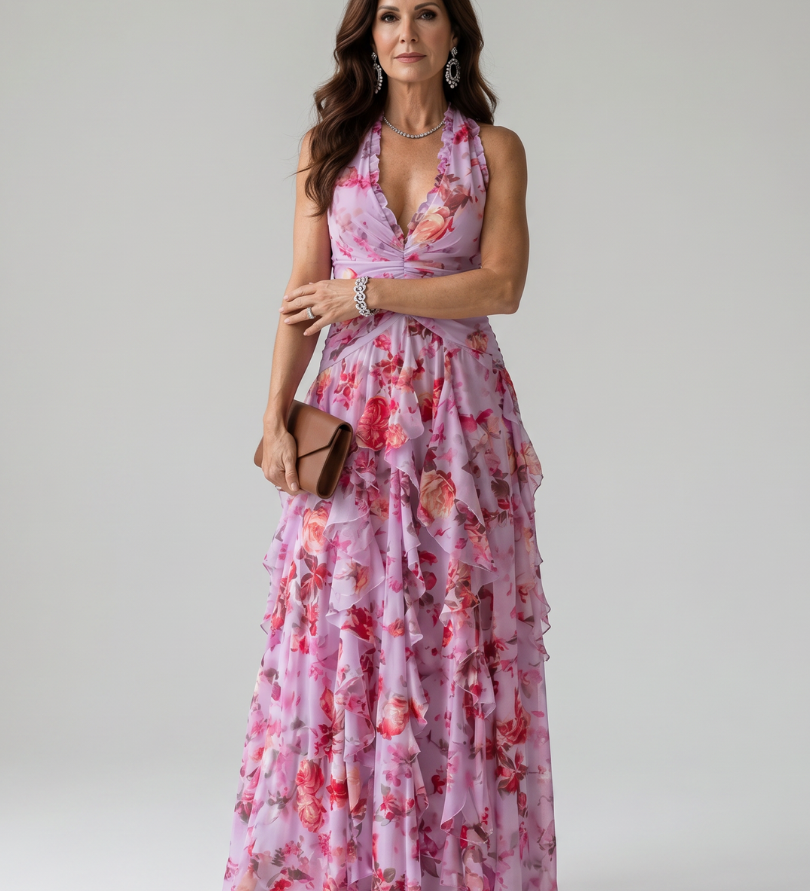 Halterneck-Rüschentop Maxikleid, pinkes Floral, ärmellos, geraffter Volant-Rock