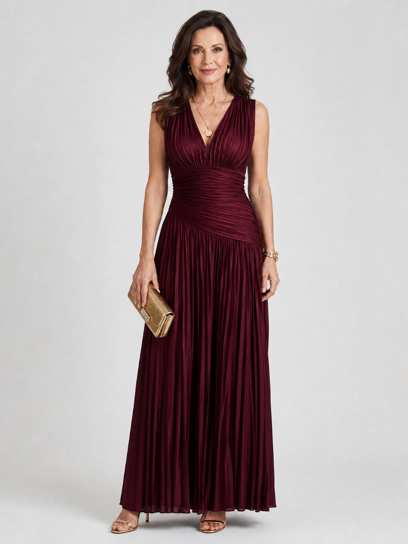 Burgunderrotes ärmelloses Midi-Kleid mit V-Ausschnitt und plissiertem Rock
