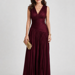 Burgunderrotes ärmelloses Midi-Kleid mit V-Ausschnitt und plissiertem Rock