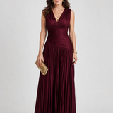 Burgunderrotes ärmelloses Midi-Kleid mit V-Ausschnitt und plissiertem Rock