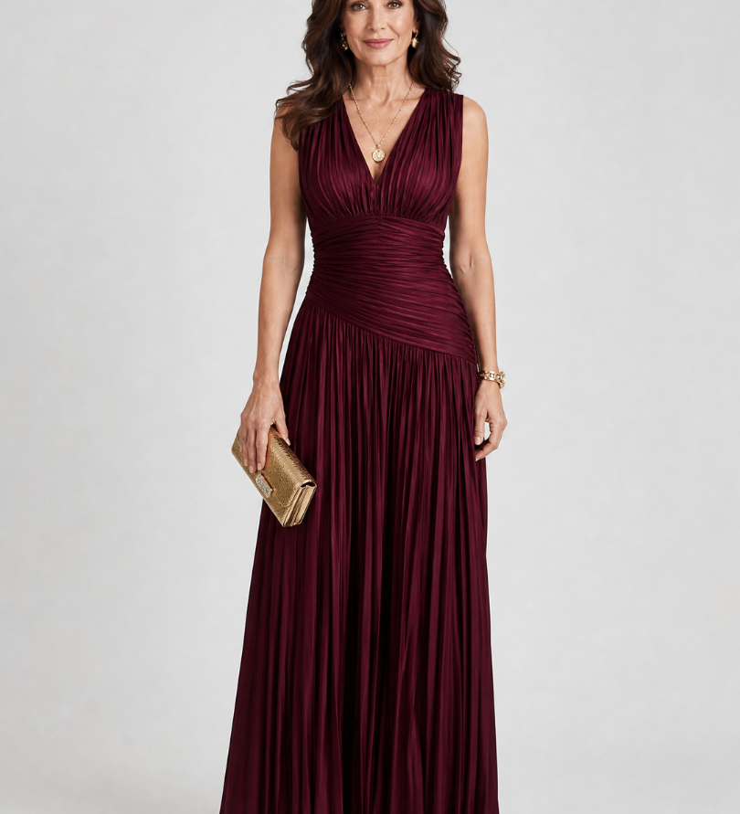 Burgunderrotes ärmelloses Midi-Kleid mit V-Ausschnitt und plissiertem Rock