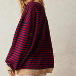 LUCY I Pullover mit überschnittenem Look, dunkelblau-rot gestreift, breiter Saum