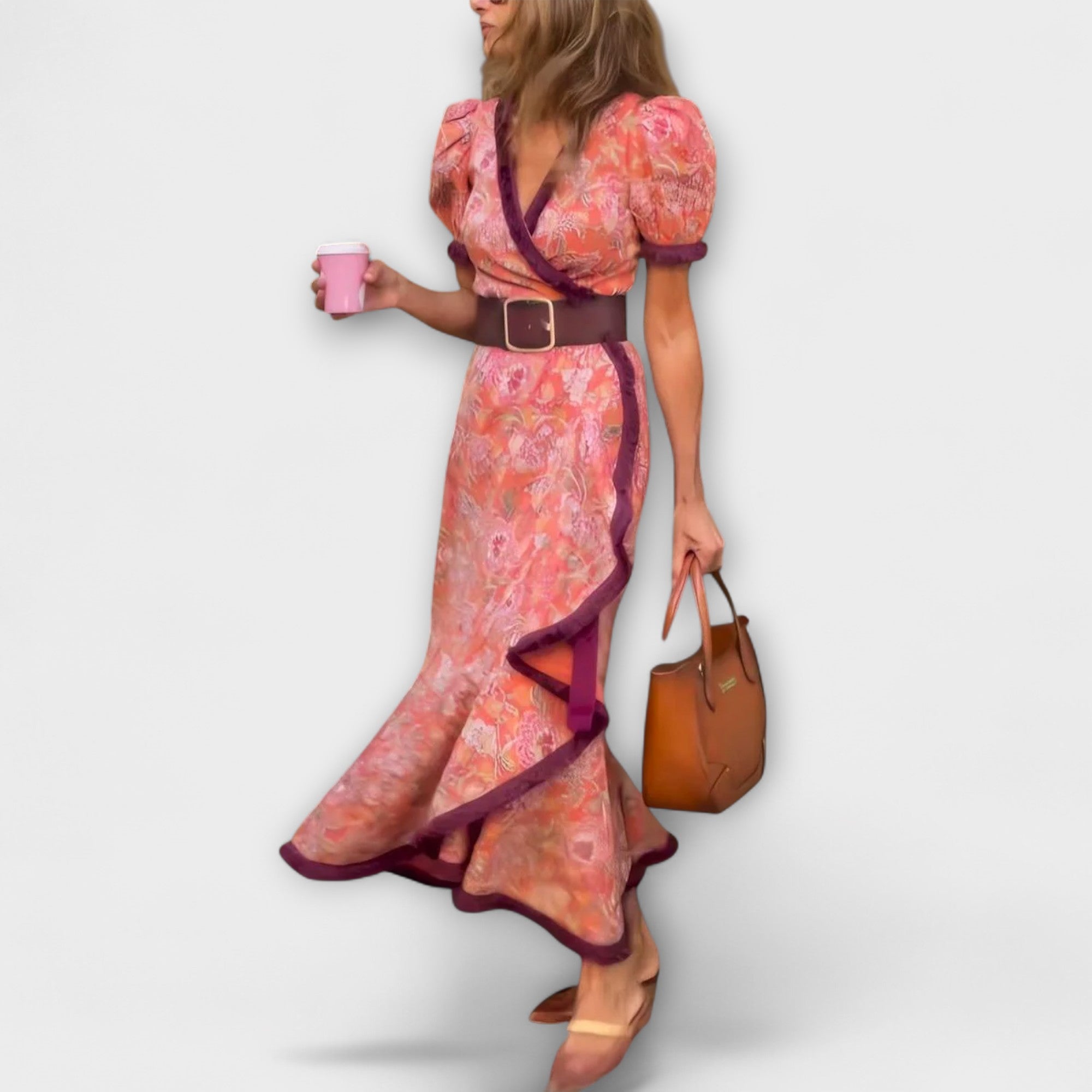 Rosa Maxi-Kleid mit kurzen Puffärmeln, Wickel-V-Ausschnitt und dunklem Gürtel