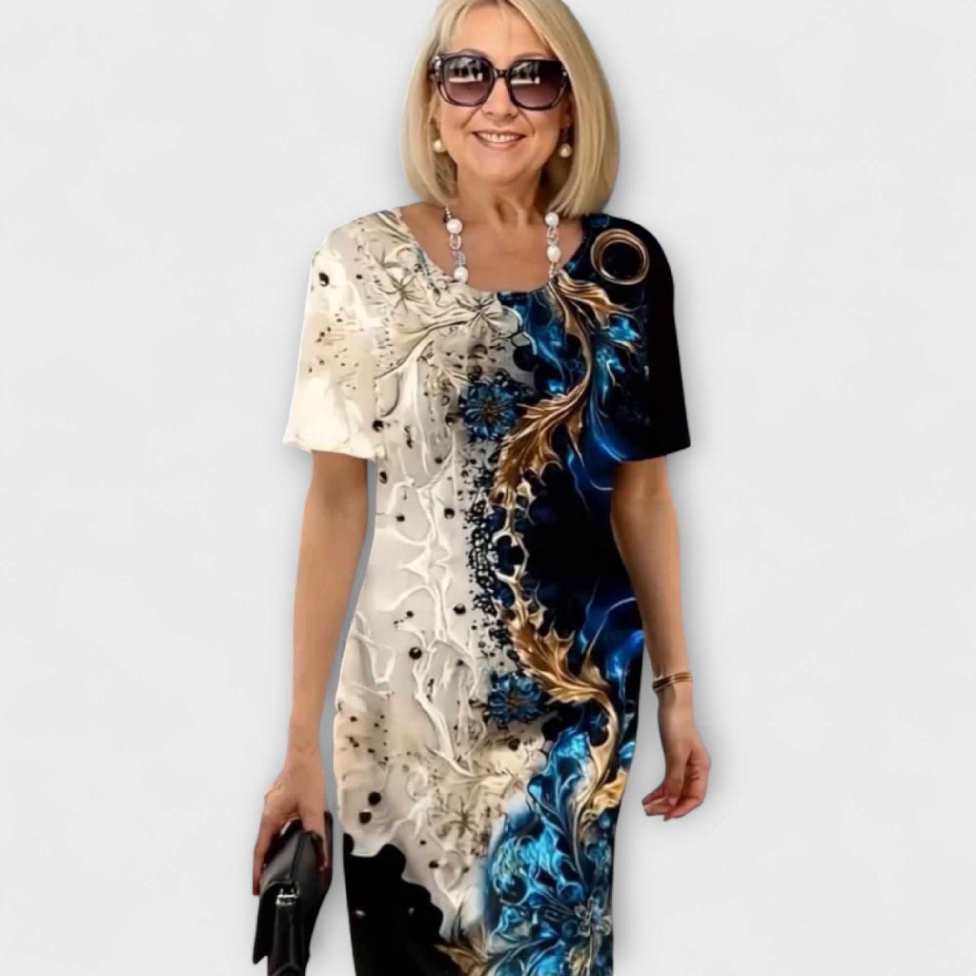 Sommerkleid mit kurzem Ärmel, abstraktes Blumenmuster in Beige und Dunkelblau