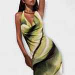 Maxikleid mit V-Ausschnitt und schmalen Trägern, grünes Tie-Dye mit dunkler Maserung