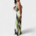 Maxikleid mit Bindebändern am Rücken und offenem Rückausschnitt, grüner Tie-Dye-Gradient