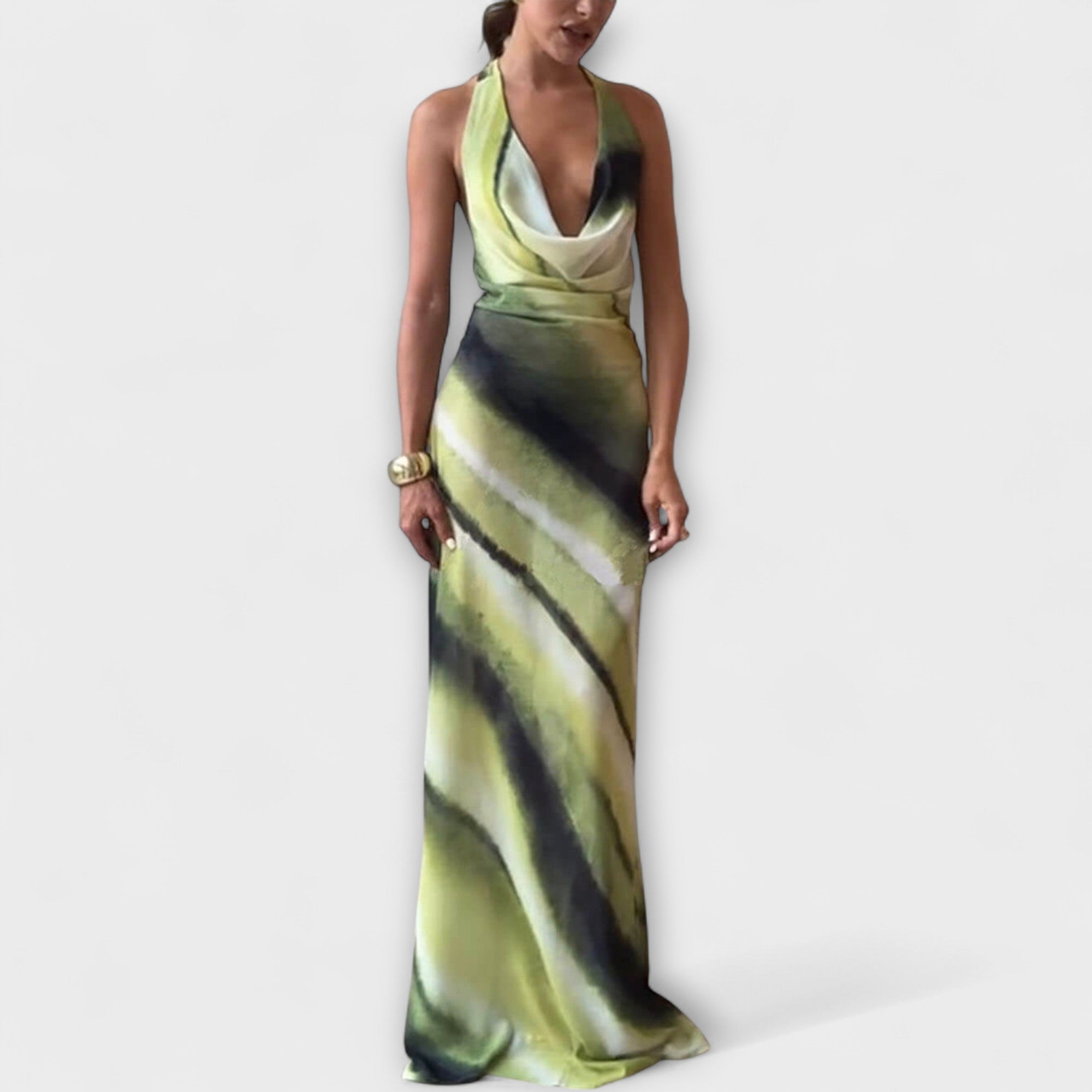 Maxikleid mit Trägern und V-Ausschnitt, grüner Tie-Dye-Gradient mit dunklen Streifen