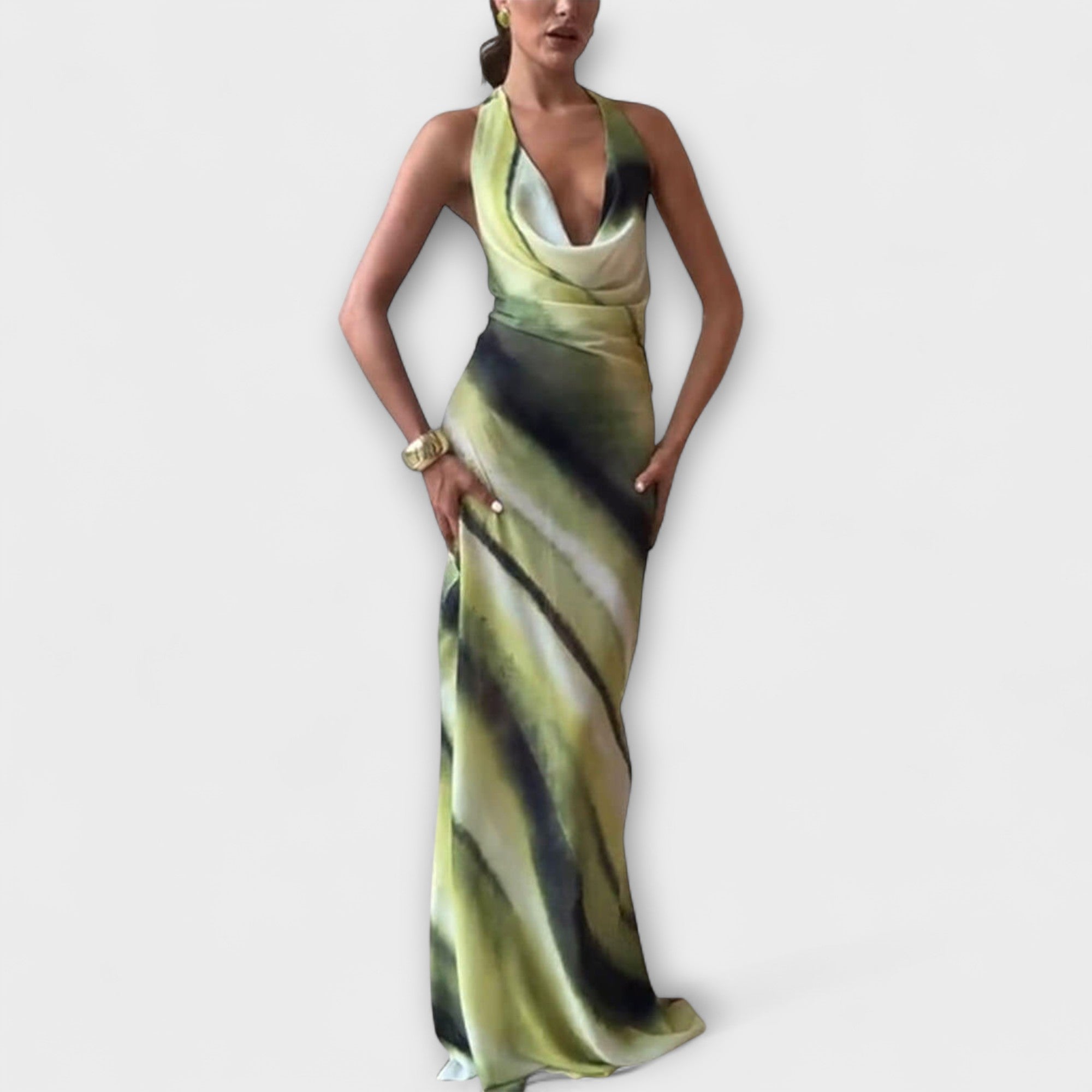 Maxikleid mit schmalen Trägern, V-Ausschnitt, grüner und dunkler Tie-Dye-Gradient