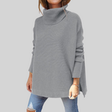Oversize-Pullover mit Rollkragen, hellgrau, lange Ärmel, Rippbündchen