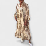 Maxi-Kleid mit V-Ausschnitt, Knopfleiste und 3/4 Ärmeln, beiges Floral-Muster