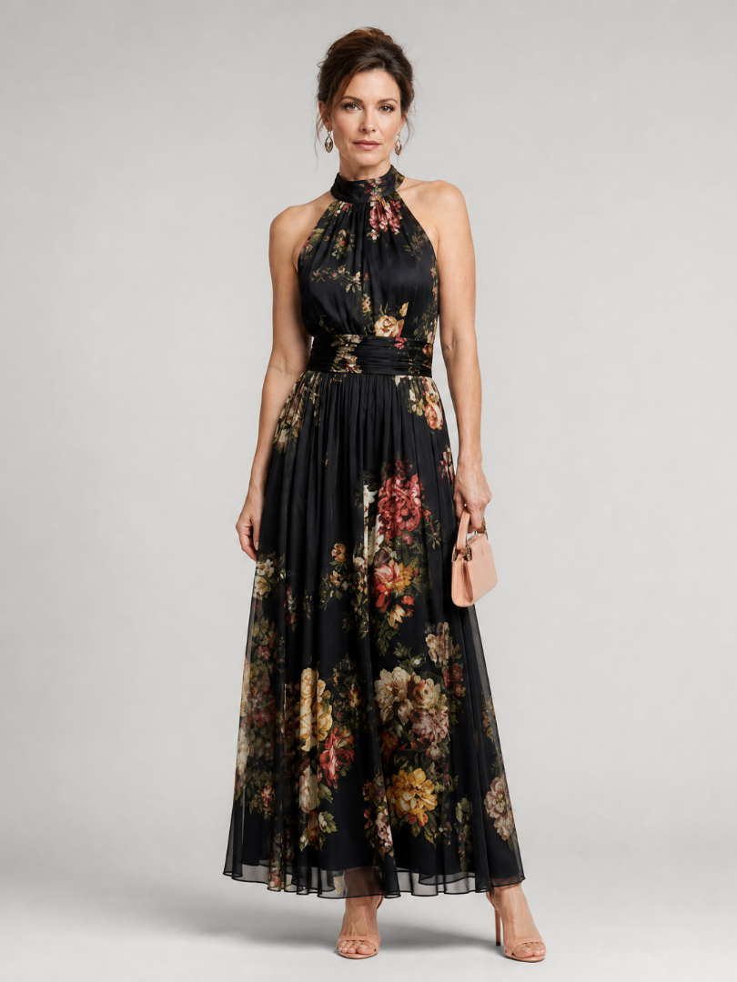 Schwarzes Halter-Neck Midi-Kleid mit floralen Prints und Taillen-Gürtel