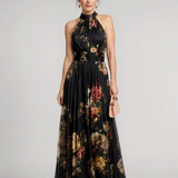 Schwarzes Halter-Neck Midi-Kleid mit floralen Prints und Taillen-Gürtel
