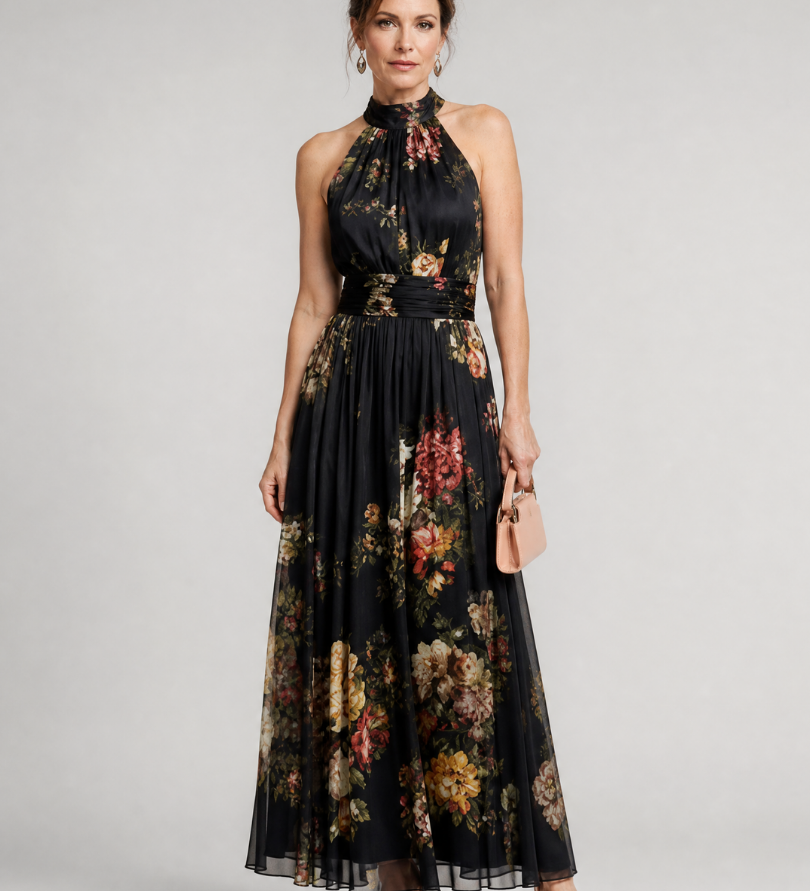 Schwarzes Halter-Neck Midi-Kleid mit floralen Prints und Taillen-Gürtel