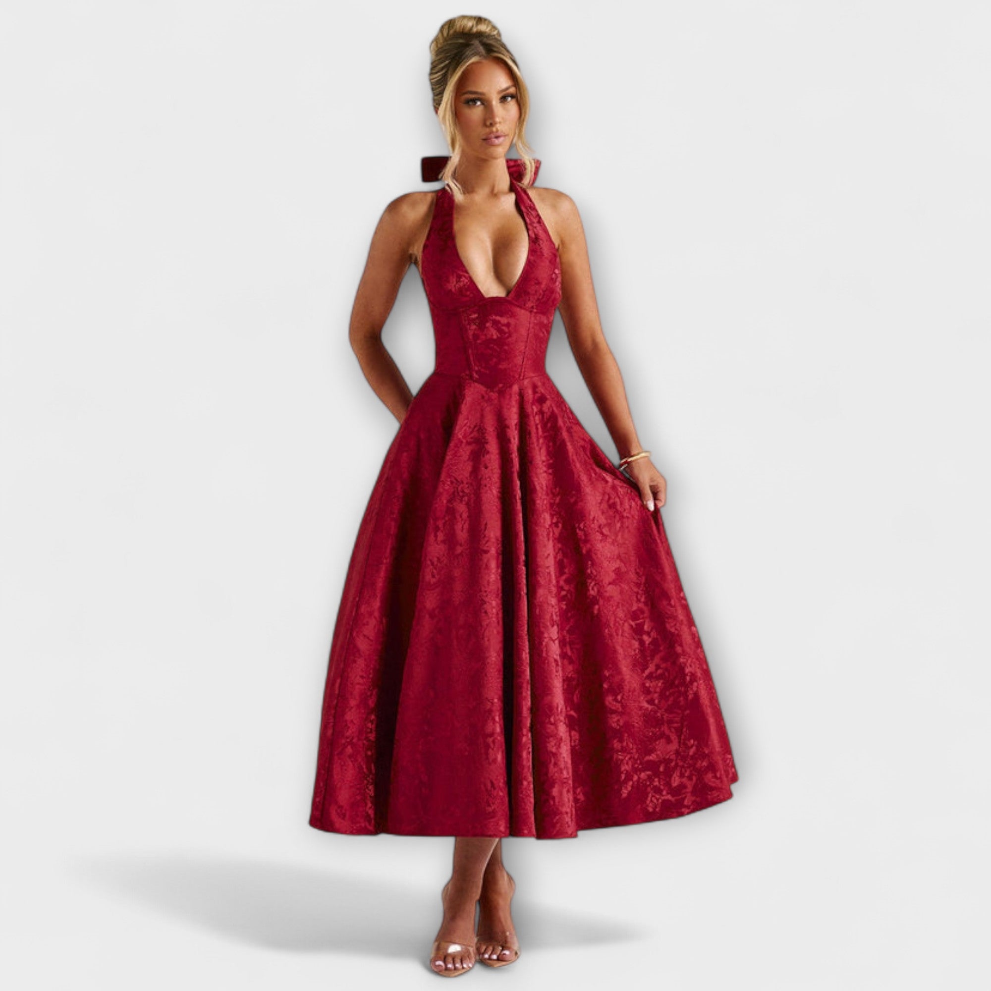 Romantisches Midikleid in Rot mit tiefem V-Ausschnitt und weitem Glockenrock