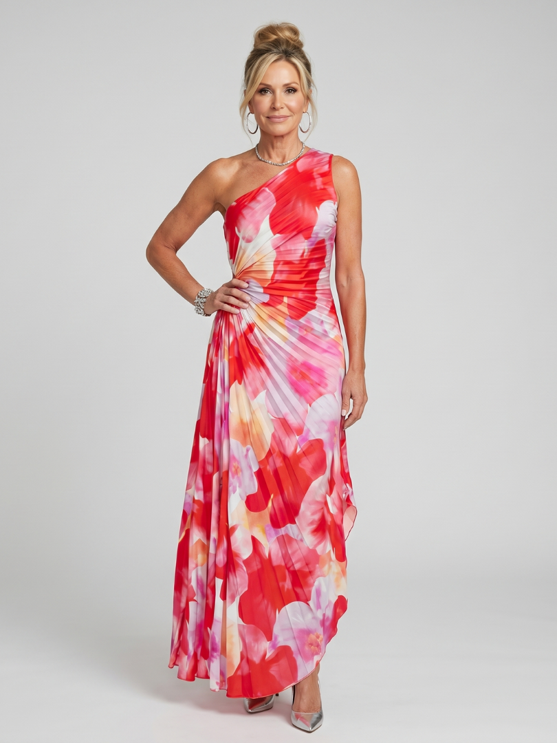 Midi-Kleid mit einseitig plissiertem Oberteil und One-Shoulder-Träger, Rot-Pink-Blumenmuster