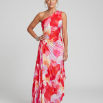 Midi-Kleid mit einseitig plissiertem Oberteil und One-Shoulder-Träger, Rot-Pink-Blumenmuster