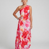 Midi-Kleid mit einseitig plissiertem Oberteil und One-Shoulder-Träger, Rot-Pink-Blumenmuster