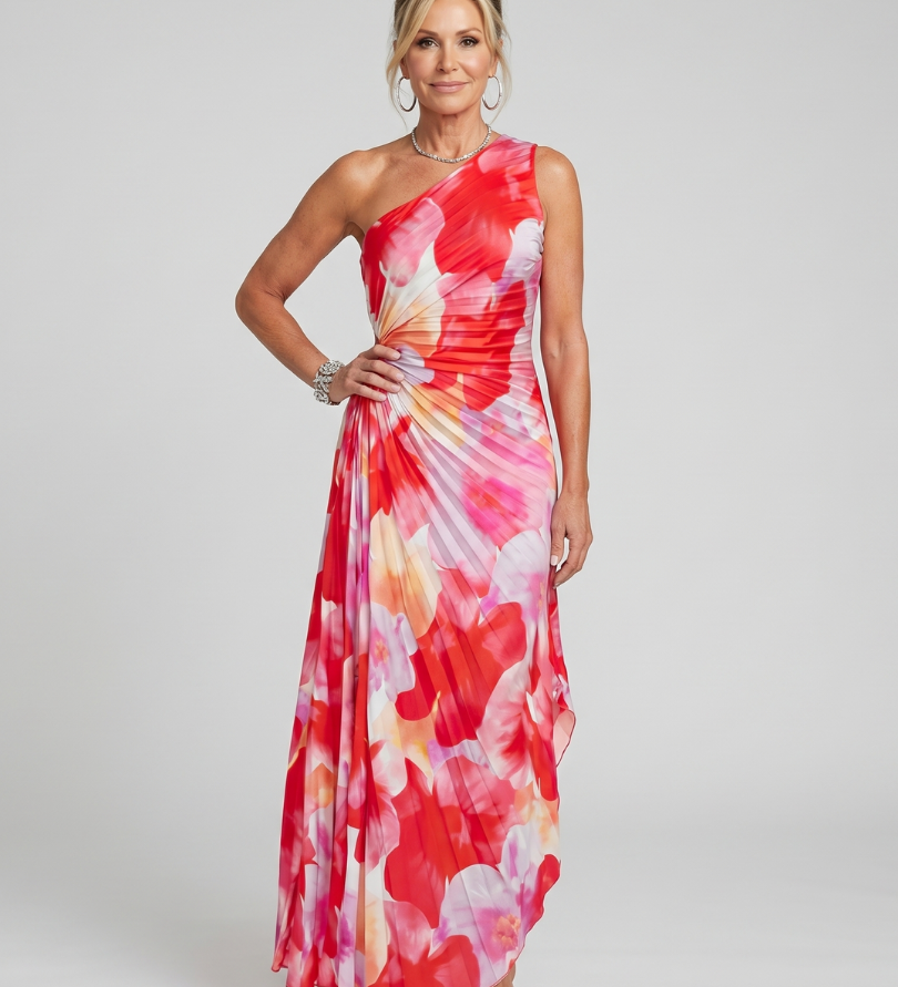 Midi-Kleid mit einseitig plissiertem Oberteil und One-Shoulder-Träger, Rot-Pink-Blumenmuster