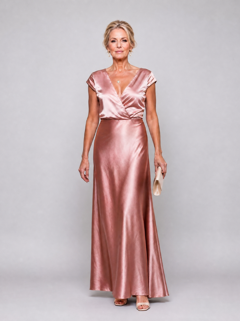 Roségoldfarbenes Maxikleid mit Wickeloberteil und kurzen Ärmeln, V-Ausschnitt