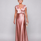 Roségoldfarbenes Maxikleid mit Wickeloberteil und kurzen Ärmeln, V-Ausschnitt