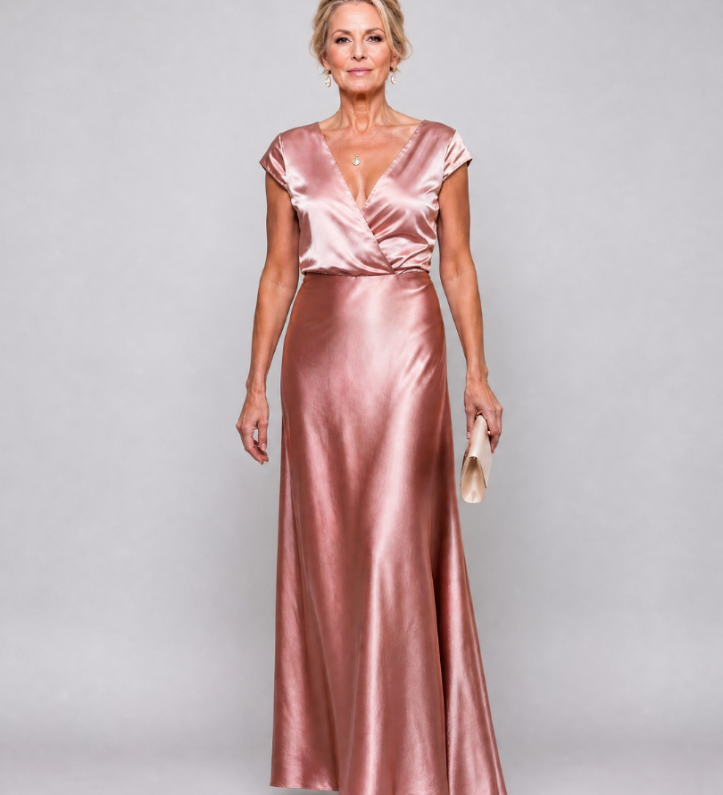 Roségoldfarbenes Maxikleid mit Wickeloberteil und kurzen Ärmeln, V-Ausschnitt