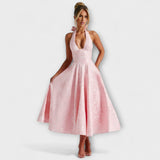Romantisches Midikleid in Rosa mit V-Ausschnitt und weitem, glockenförmigem Rock