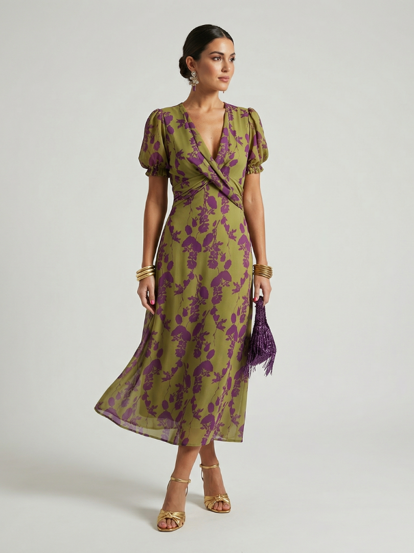 Midi-Kleid mit Wickeloptik, V-Ausschnitt, Puffärmeln und lila Blüten auf Olivgrün