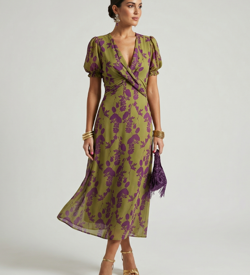 Midi-Kleid mit Wickeloptik, V-Ausschnitt, Puffärmeln und lila Blüten auf Olivgrün