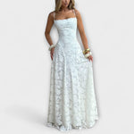 Weißes Jacquard-Maxikleid mit Trägern und gerafftem Oberteil, A-Linie