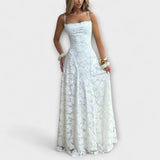Weißes Jacquard-Maxikleid mit Trägern und gerafftem Oberteil, A-Linie