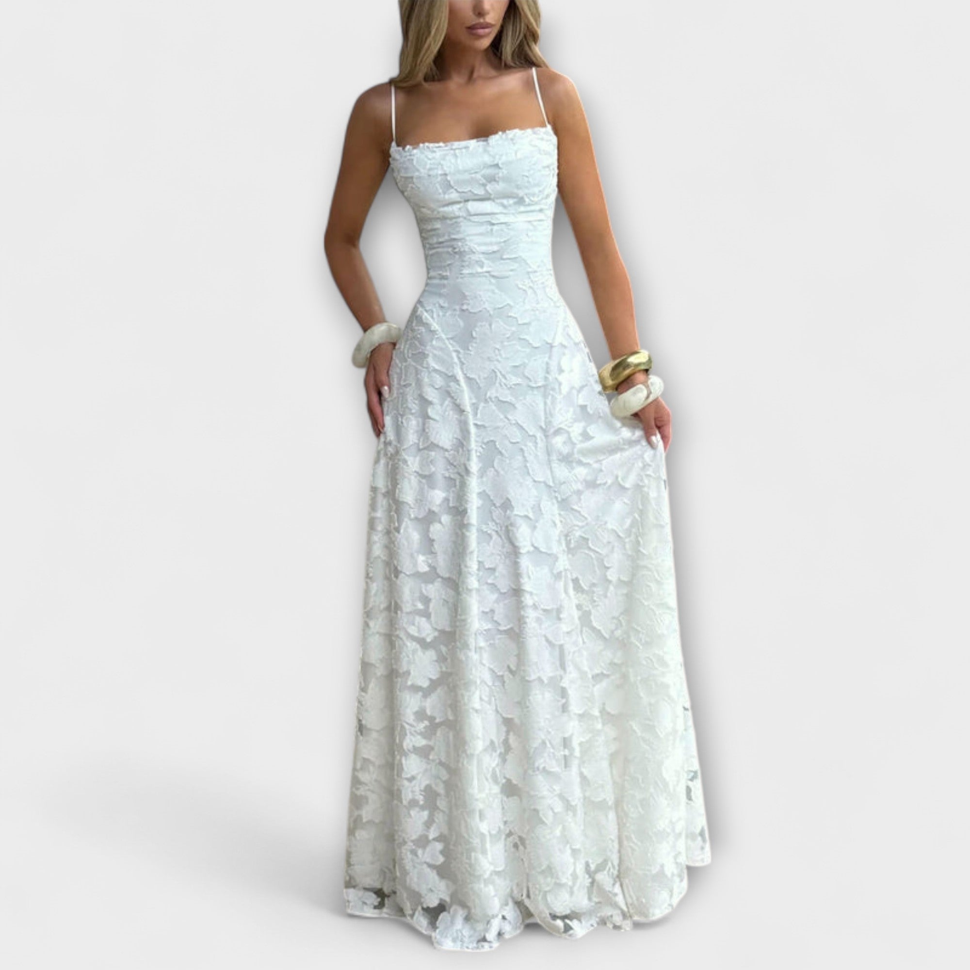 Weißes Jacquard-Maxikleid mit Trägern und gerafftem Oberteil, A-Linie