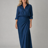 Marineblaues Maxikleid mit langen Ärmeln und Wickel-Front, drapiert, Knopfleiste