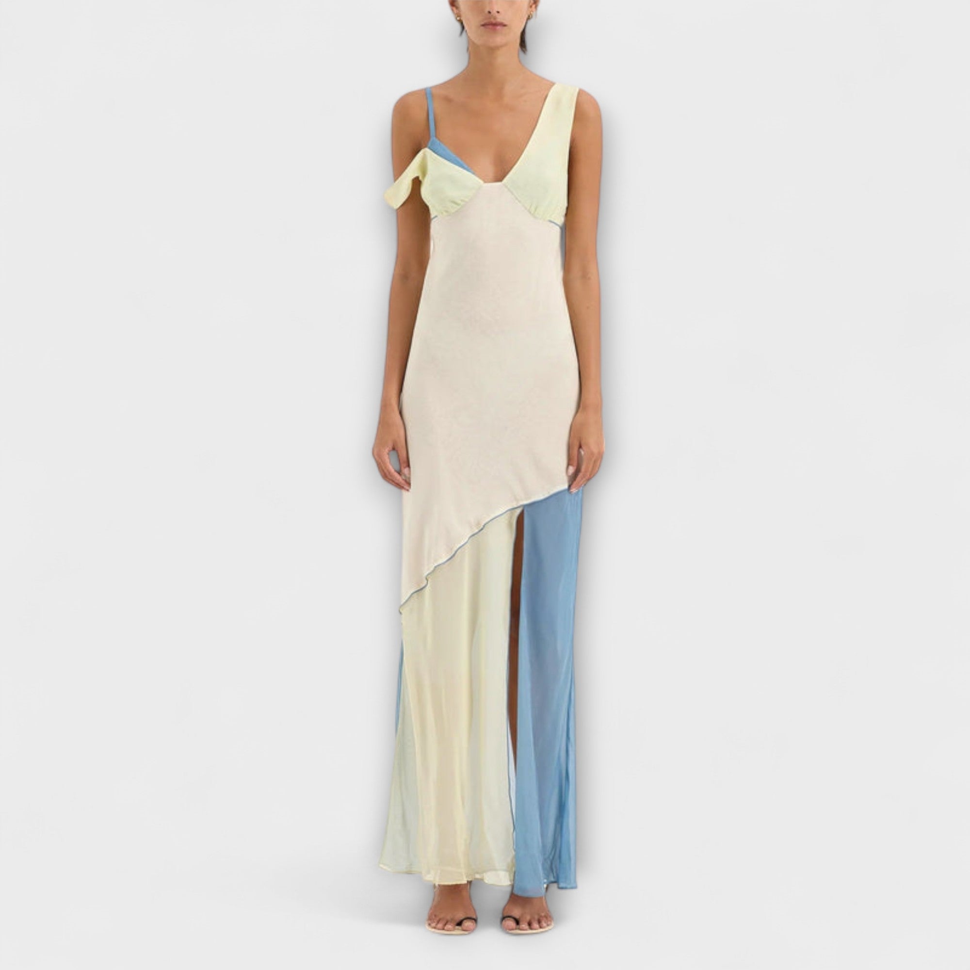 Midi-Kleid mit Splice-Detail: cremefarben mit blauem Einsatz und Trägern