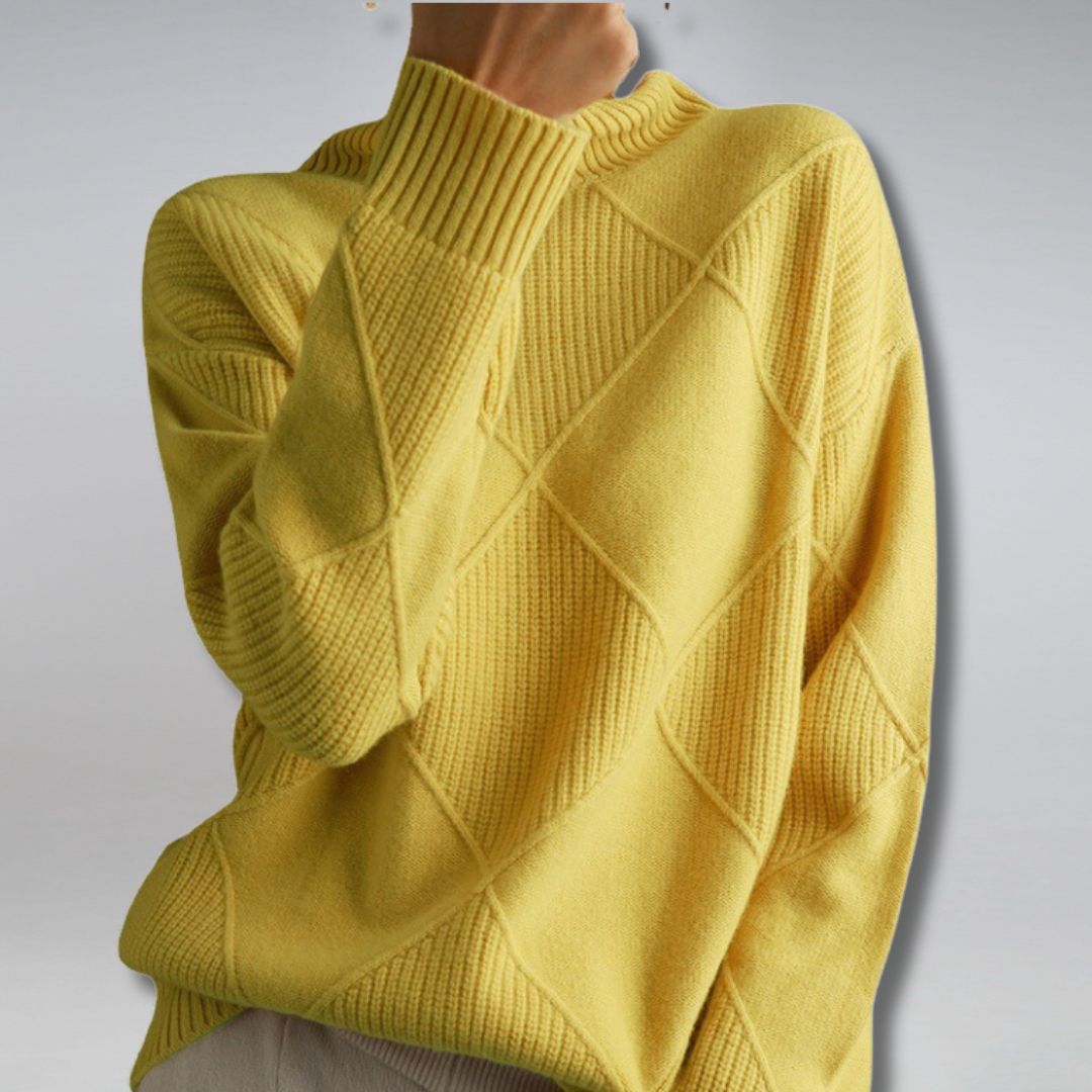 Weicher Pullover mit Stehkragen, Rippenstrick und Rauten-Design, senfgelb