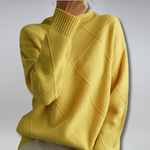 Weicher Pullover mit Stehkragen, Rippenstrick und Rauten-Design, senfgelb