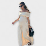 Schwangerschafts-Maxi-Kleid, hellbeige, off-shoulder mit Faltenrock und geraffter Taille