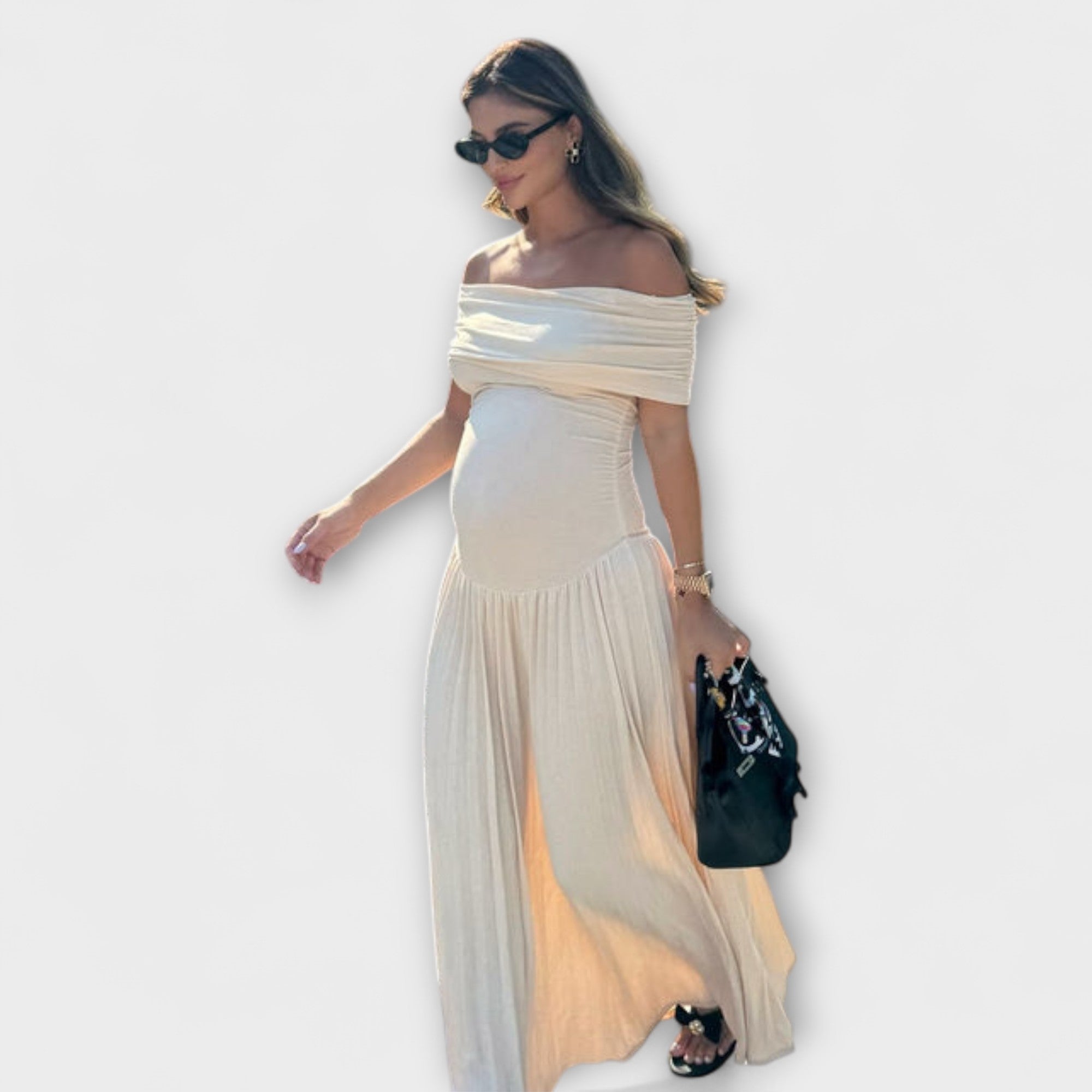 Schwangerschafts-Maxi-Kleid, hellbeige, off-shoulder mit Faltenrock und geraffter Taille