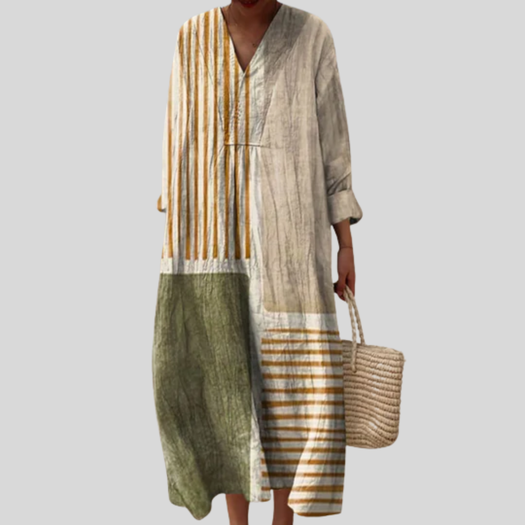Sommerkleid mit V-Ausschnitt, lockerer Passform und mehrfarbigem Streifen-/Print-Design