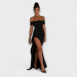 Schwarzes Maxi-Kleid mit schulterfreiem Bardot-Ausschnitt und Beinschlitz