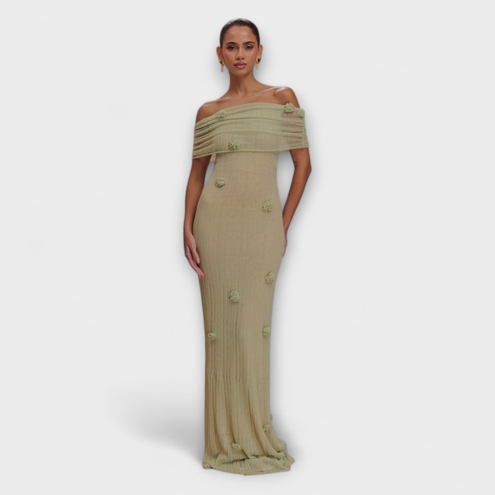 Erica-Maxikleid: schulterfrei, geraffter Oberteil, Maxi mit floralen Stickmotiven