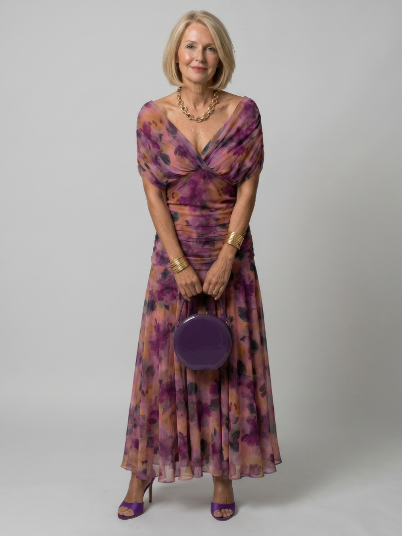 Lila Off-Shoulder-Midi-Kleid von Calen mit Blumenmuster, geraffter Taille