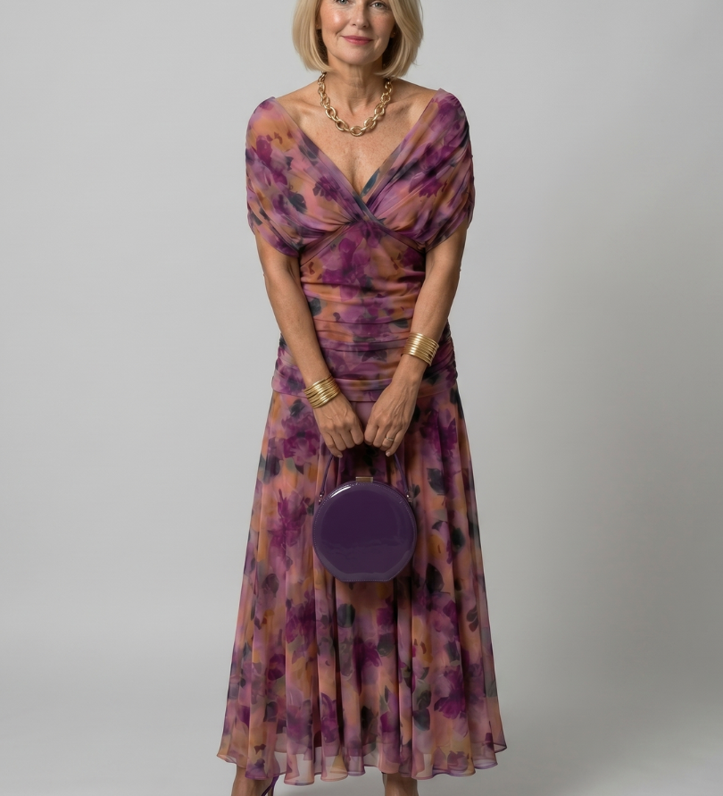 Lila Off-Shoulder-Midi-Kleid von Calen mit Blumenmuster, geraffter Taille