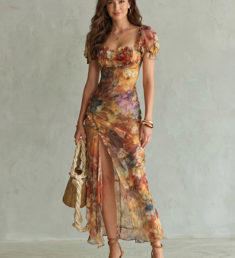 Mehrfarbiges Midi-Kleid mit Rüschenärmeln, Raffung am Oberteil und Schlitz am Bein