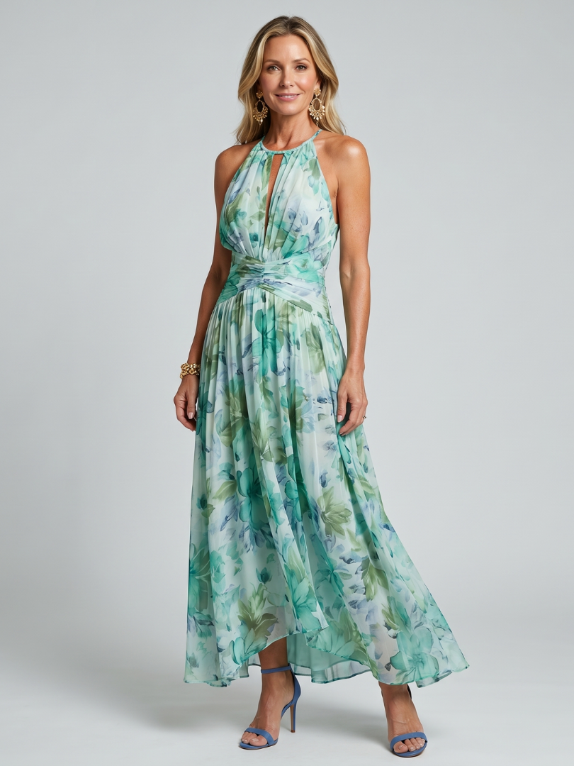 Halter-Midikleid mit grünem Blumenmuster, geraffter Taille und weitem Faltenrock