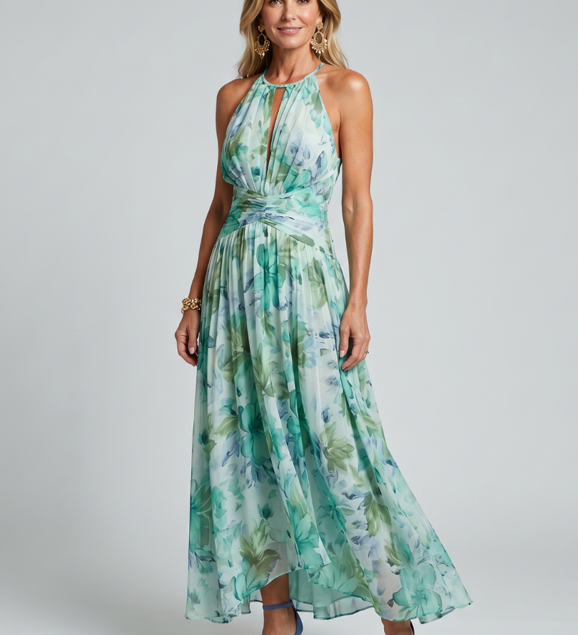 Halter-Midikleid mit grünem Blumenmuster, geraffter Taille und weitem Faltenrock